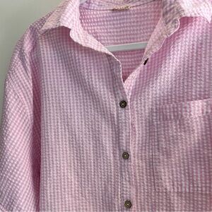 Free People Pink&White Gingham Seersucker Button-Up | Cottagecore Oversized Top